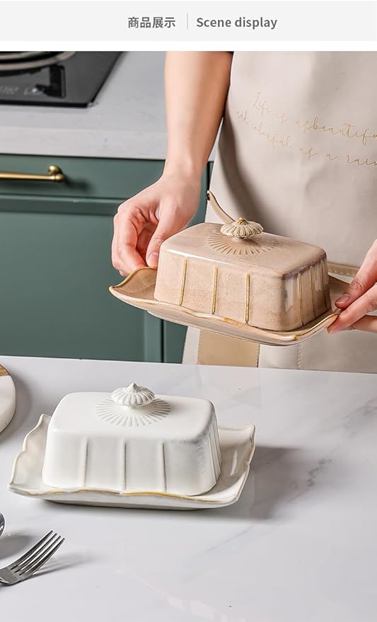 WAIT FLY Vintage Ceramic Butter Dish with Lid for Kitchen Countertop, Home Decorative-Khaki-1 PCS