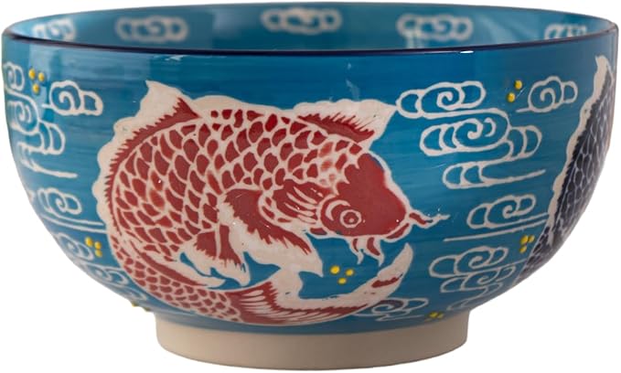 Urban Tokyo Japanese Kamameshi Style Ceramic Glazed Japanese Ramen Udon Pho Noodle Bowl With Spoon, Bamboo Lid, Chopsticks and Trivet 5 Piece Set (Japanese Koi Fish), BCH625