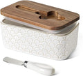 LE TAUCI Butter Dish with Lid for Countertop, Ceramic Butter Container, Embossed Butter Keeper with Acacia Wood lid, Knife, and Airtight Cover, Farmhouse Decor - Set of 1, Arctic White, Fireworks