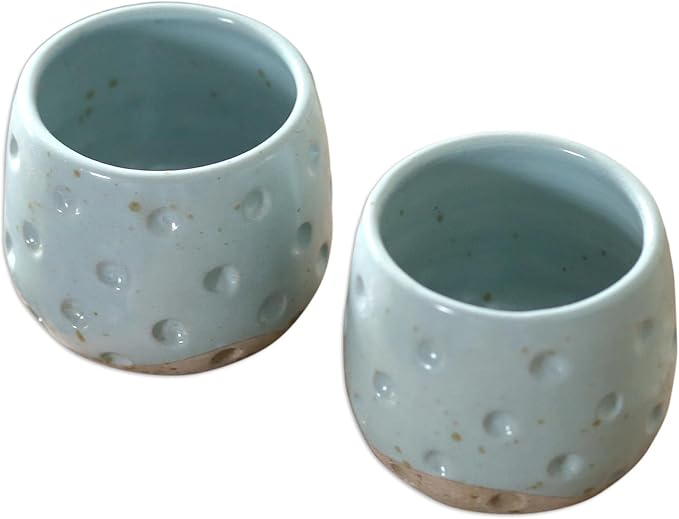 NOVICA Artisan Handmade Ceramic Teacups Turquoise Blue Indonesia Tableware Dinnerware Mugs [3.1in H x 3.1in Diam. 4 Oz.] 'First Snow' (Pair)