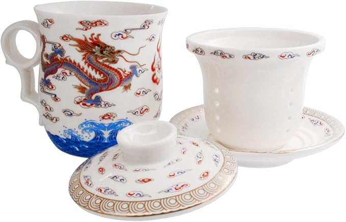 PLESIU Tea Talent Porcelain Tea Cup with Infuser Lid and Saucer Sets - Chinese Jingdezhen Ceramics Coffee Mug Teacup Loose Leaf Tea Brewing System for Home Office