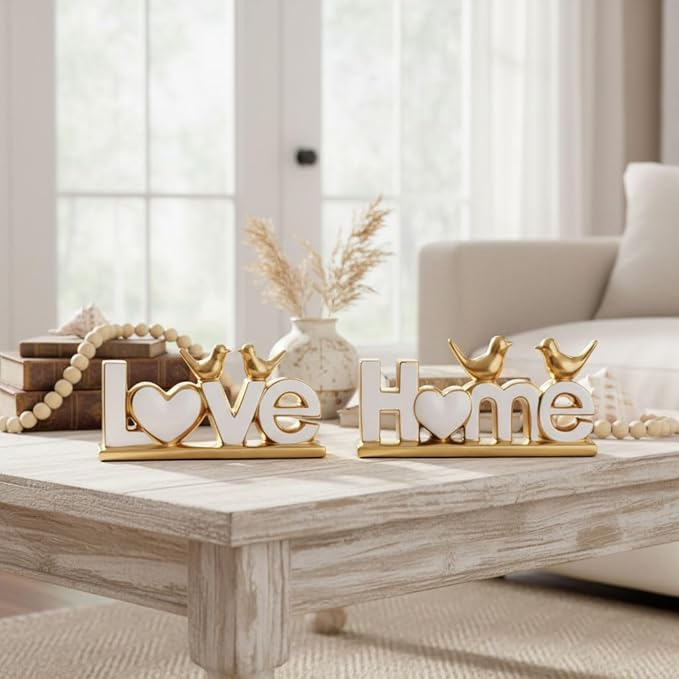 Ceramic Love & Home Sign Decor with Bird Statues Set 2,10" Modern White Gold Tabletop Sculptures for TV Stand,Floating Shelf & Entryway,Romantic Wedding & Warm Housewarming Gift Set (White)