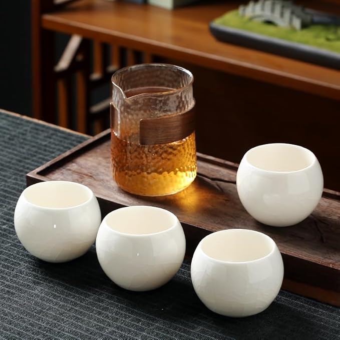 MQjzsh Ru Kiln/Ge Kiln Combination, Handmade Tea Bowl, Tea Set, 4 piece set，140ml/4.9oz, suitable as a gift for mom and dad, office, family, party and various occasions (white)