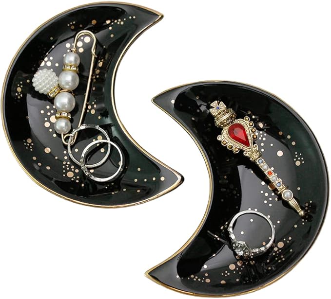 Soddeph Small Moon Ceramic Jewelry Tray, Decorative Trinket Dish, Ring Holder Plate, Modern Accent Tray for Bathroom, Nightstand, Entryway Table, Vanity (2, Black)