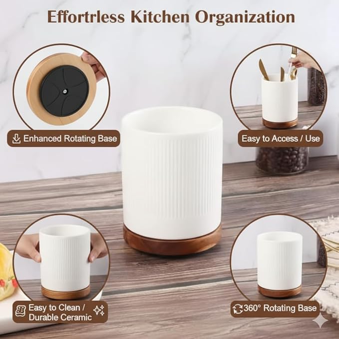 Utensil Holder, 360° Rotating Extra Large Ceramic Kitchen Utensil Holder for Countertop 7.3“ Cooking Utensil Crocks for Kitchen Counter with Rotatable Wooden Base, Farmhouse Decor, White