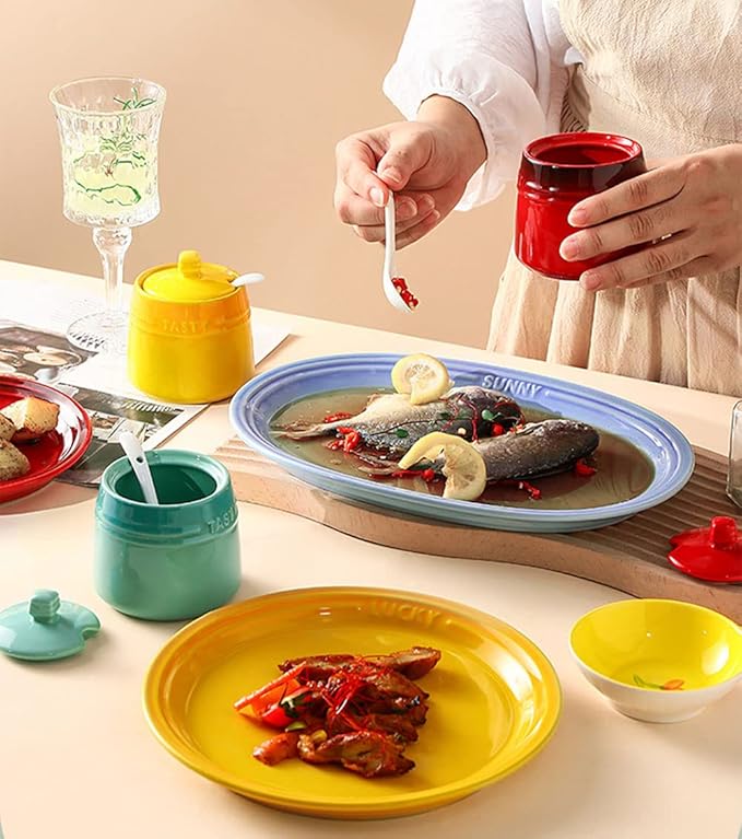 Colourful Ceramic Spice Jar Seasoning Box Condiment Pot Sugar Bowl with Lid Spoon-Red
