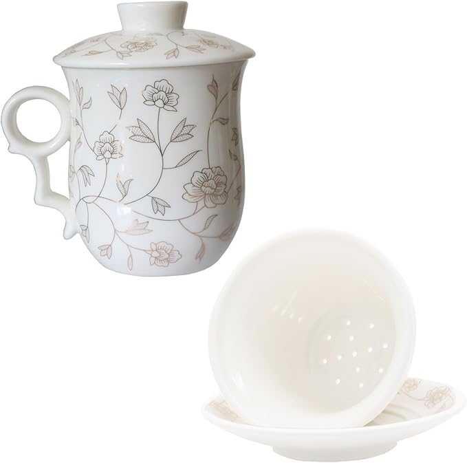 Porcelain Tea Cup with Infuser Lid and Saucer Sets - Chinese Jingdezhen Ceramics Coffee Mug Teacup Loose Leaf Tea Brewing System for Home Office