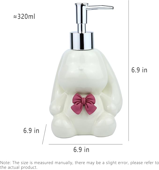 Cute Rabbit Ceramics Countertop Soap Dispenser, 11oz/320ml Elegant Long Eared Rabbit Design Hand Dish Lotion Dispenser for Kitchen, Bathroom and Bedroom (White)
