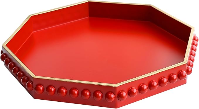Red Serving Tray for Coffee Table, Octagonal Beaded Plastic Decorative Tray for Ottoman, Kitchen Counter, Living Room, Outdoor Lacquer Tray for Entertaining