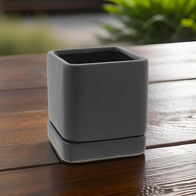 Lucky Winner Solid Cube Ceramic Planter Pot with Drain Hole- Unique Minimal Square Plant Pot for Indoor Outdoor Home Garden Decor (Black, 4")
