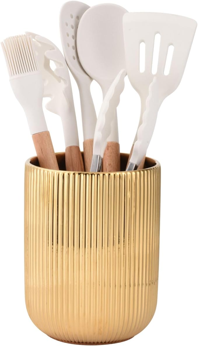 Utensil Holder, Ceramic Kitchen Gold Utensil Holder for Countertop,Cooking Utensil Crocks for Kitchen Counter 5.1 W x 6.6 H inches（stripes）