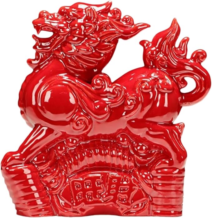 Chinese Style Sculpture Ceramic Pixiu Sculpture Chinese Asian Decoration Symbol of Fortune and Wealth - Red