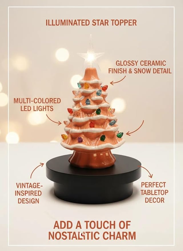 Small Resin Christmas Tree Decor, Tabletop Christmas Tree Star Topper, Holiday Decoration with 40 Multi-Color Lights, Xmas Fall Decorations for Home (Pink-White)
