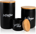 TOPZEA Black Ceramic Canister Set of 3, Coffee Sugar Tea Cylinder Containers Set with Bamboo Airtight Lid, Pantry Organization Kitchen Canisters Food Storage Jars for Countertop, Coffee Station
