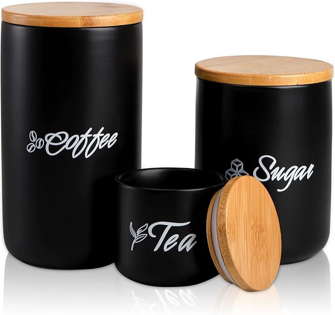 TOPZEA Black Ceramic Canister Set of 3, Coffee Sugar Tea Cylinder Containers Set with Bamboo Airtight Lid, Pantry Organization Kitchen Canisters Food Storage Jars for Countertop, Coffee Station