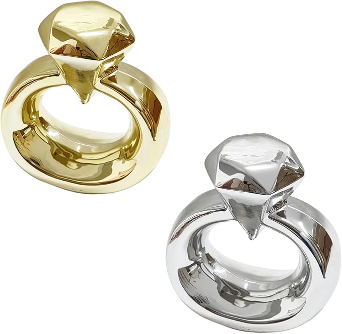 Zerzsy Set of 2 Statues Figurine Home Decor, Golden Modern Abstract Statue for Living Room Bedroom Shelves Wedding Decoration, Large Diamond Ring Love Decorative Sculpture-Gold & Silver