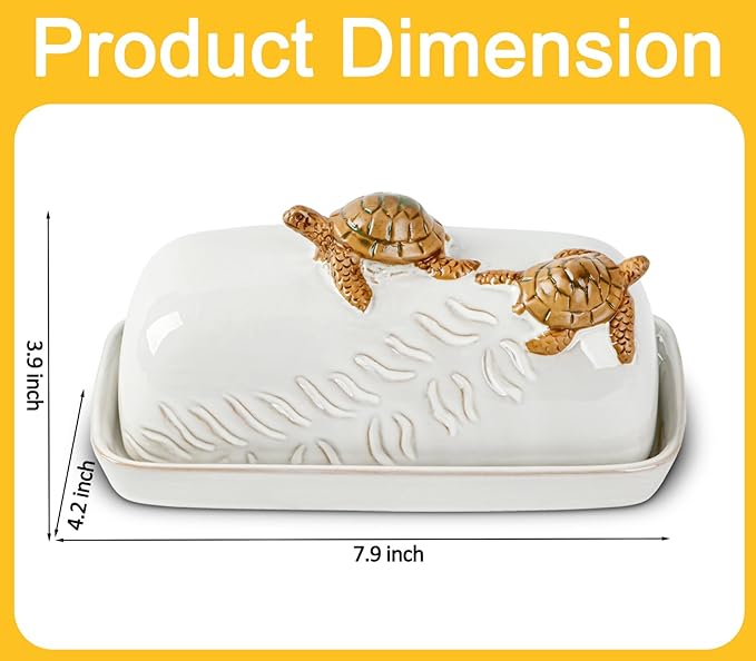 Turtle Stylish Ceramic Butter Dish Covered with Lid and Handle - Modern Countertop Butter Storage