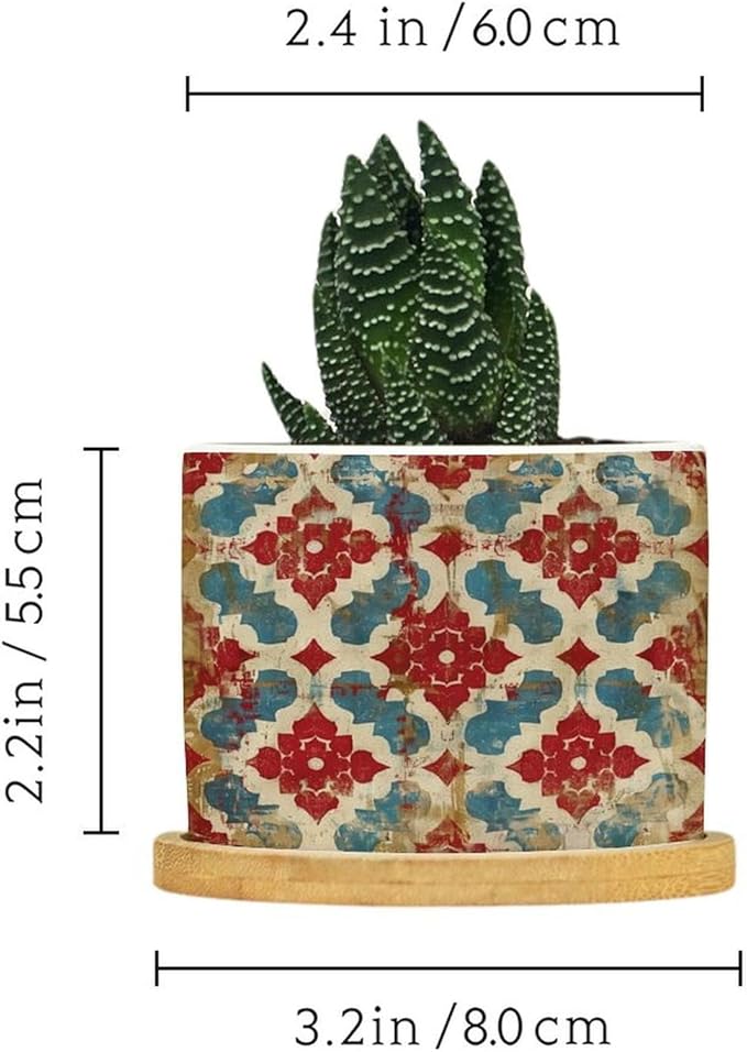 DreamAutumn Geometric Kilim Moroccan Ikat Planter Ceramic Round Plant Pots with Drainage Holes and Bamboo Tray Planting Small Flower Pots for Home Windowsill Desk Garden Indoor Outdoor Use