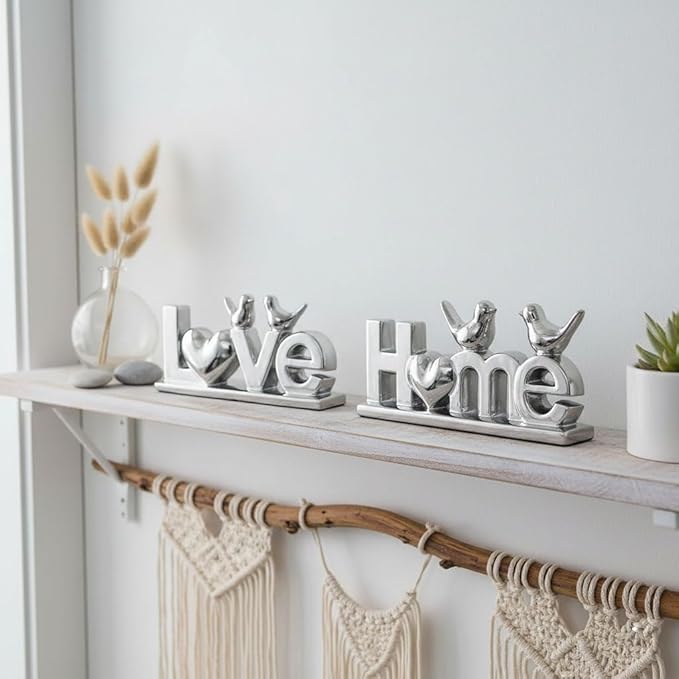 Ceramic Love & Home Sign Decor with Bird Statues Set 2,10" Modern Silver Tabletop Sculptures for TV Stand,Floating Shelf & Entryway,Romantic Wedding & Warm Housewarming Gift Set (Silver)