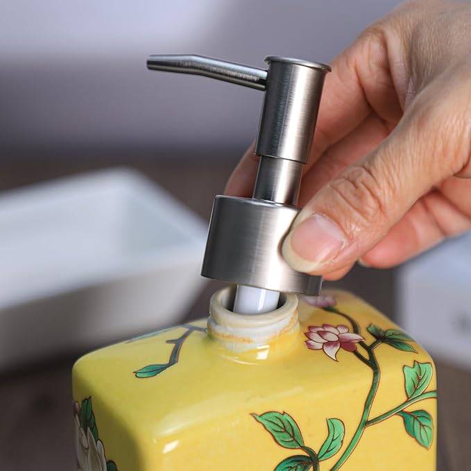 Ceramic Soap Dispenser, Lotion Bottle, Soap Bottle with Removable Pump, Flower Pattern Dispenser for Kitchen Soap, Bathroom Soap, Lotion and Essential Oil-Yellow-13 OZ
