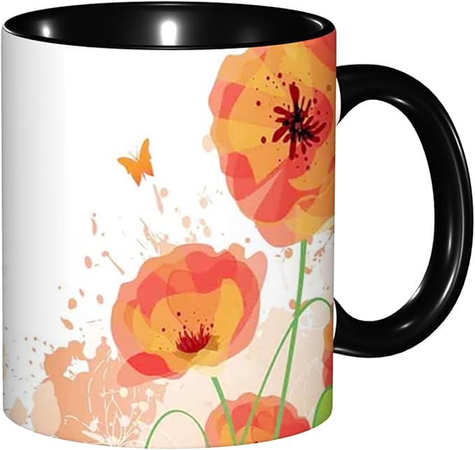 Poppy Flower,Funny Novelty Ceramic Coffee Cups With Handle,Watercolors Design of Poppy Tea Cup for Office and Home, 11 Oz,Dishwasher Microwave Safe (Black)