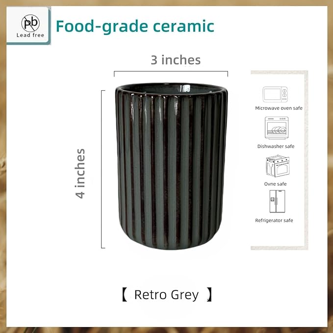 Stoneware Coffee Bar Utensil Holder Tea & Coffee Spoon & Stirrer Holder for Stir Stick Straw Teaspoon Holder Spoon Cup Small Utensil Jar Fluted Vertical Stripe (Retro Grey)