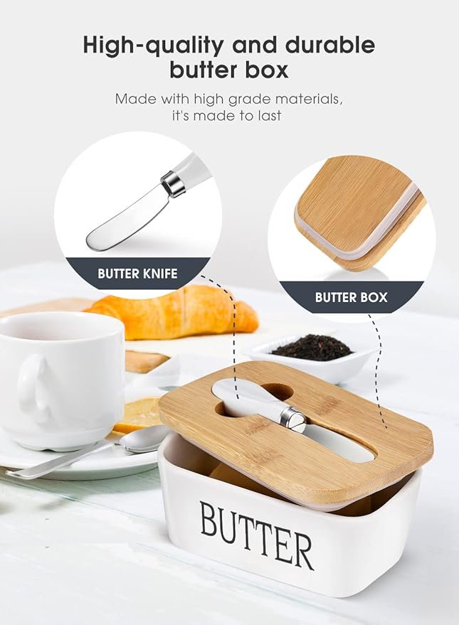Butter Dish with Lid: Large Butter Dish for Countertop - Ceramic Butter Keeper Container with Knife and High Quality - Silicone Sealing Butter Box for Home Decor Good Kitchen Gift Black White