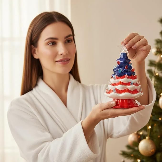 Small Resin Christmas Tree Decor, Tabletop Christmas Tree Star Topper, Holiday Decoration with 40 Multi-Color Lights, Xmas Fall Decorations for Home (Independence)