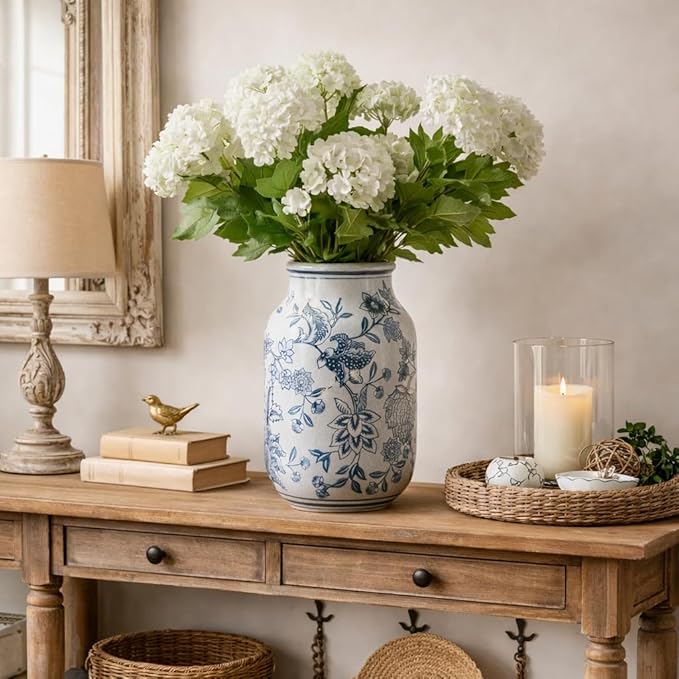 SIDUCAL Blue and White Vintage Vase, 9.4 Inch Ceramic Chinoiserie Floral Vase, Retro Ice Cracked Blue and White Porcelain for Home Decor Centerpieces, Living Room, Bookshelf, Office