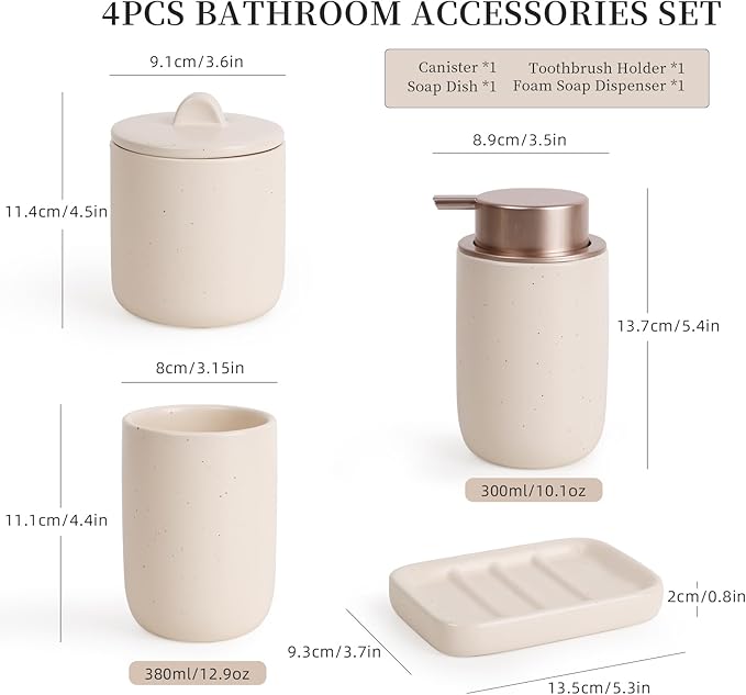 BosilunLife Apricot Bathroom Accessories Set - Ceramic Bathroom Accessories Sets Complete Foaming Soap Dispenser and Toothbrush Holder Set, Soap Dish, Qtip & Cotton Ball Holder Modern Bathroom Set