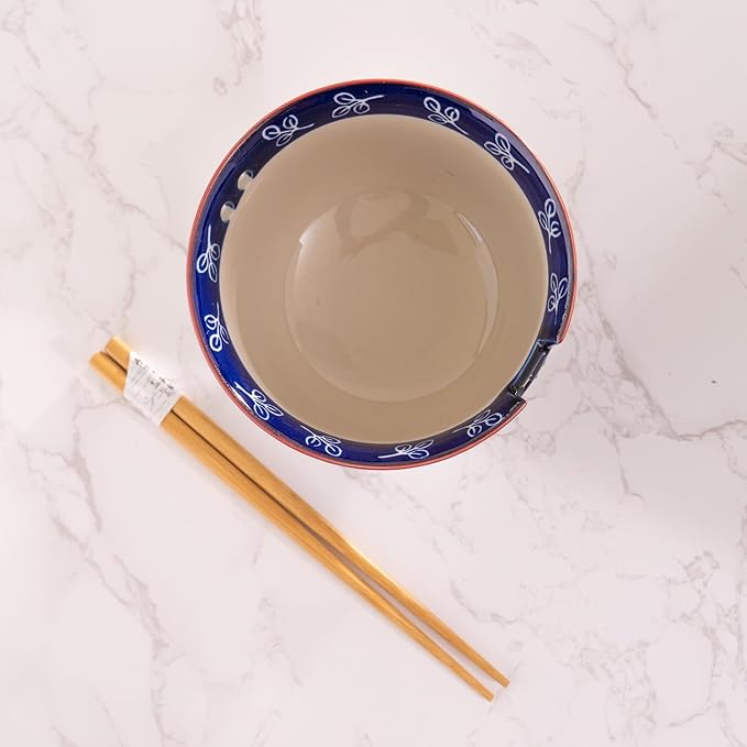 Urban Tokyo Handpainted Ceramic Glazed Japanese Ramen Udon Noodle Rice Bowl With Chopsticks 20 fl oz 5 inch Diameter Bowl Sets Color Box Packaging (Floral Assortment)