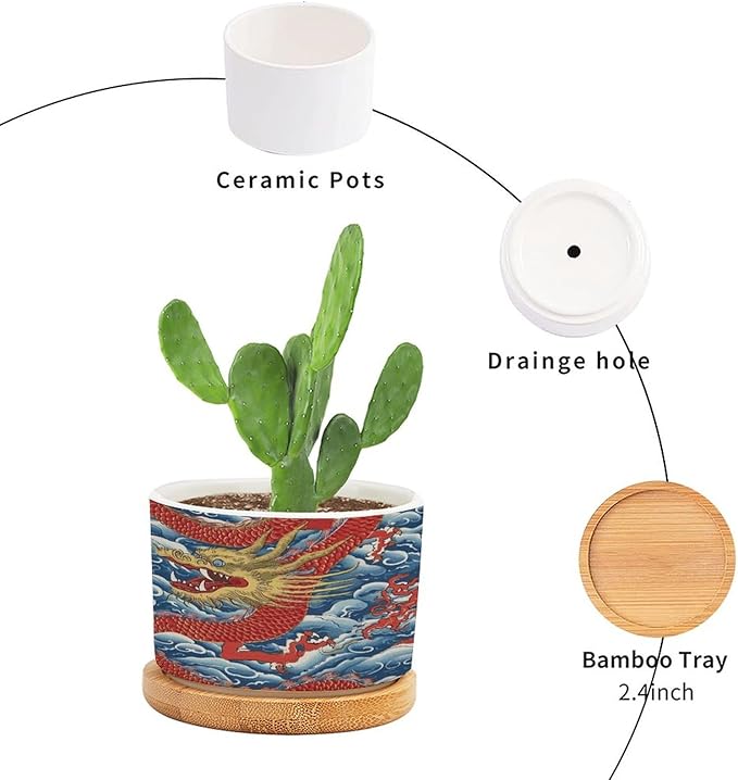 Dragon Chinoiserie Planters Ceramic Asian Inspired Round Plant Pot with Drainage Holes and Bamboo Tray Pot for Outdoor Garden Home Plant