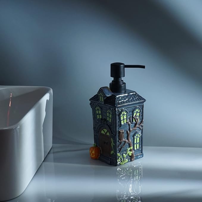 Haunted House Soap Dispenser,Refillable Halloween Liquid Hand Soap Dispenser for Bathroom, Kitchen Sink - Black