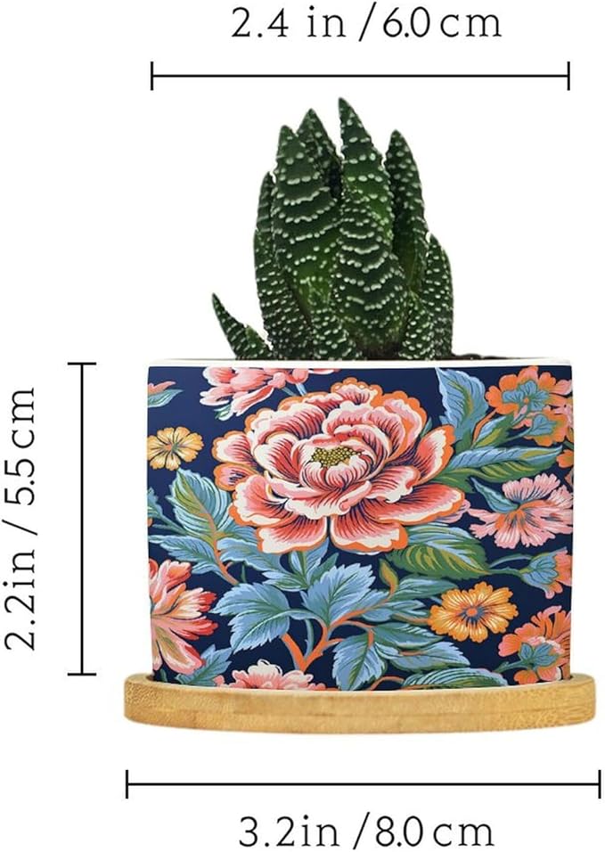 Bright and Chinoiserie Planters Ceramic Coral Peony Floral Round Flower Pot with Drainage Holes and Bamboo Tray Pot for Home Office Decoration
