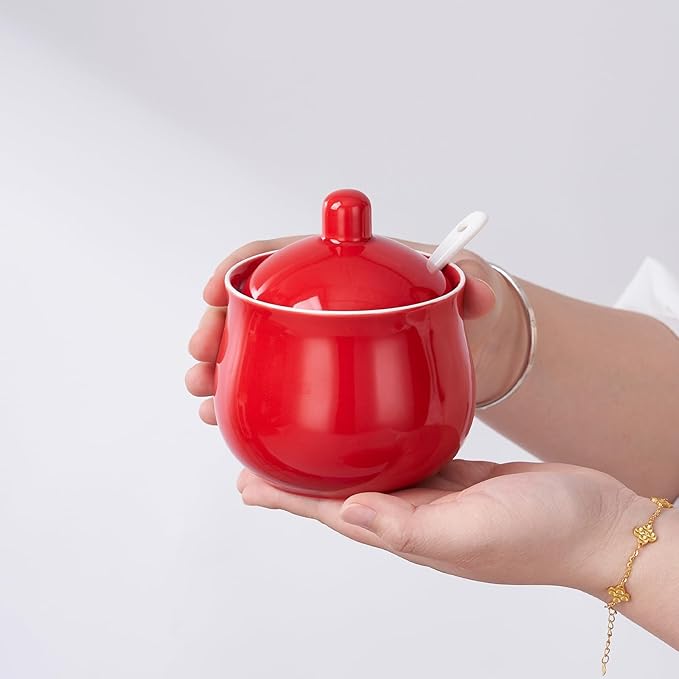 Ceramic Sugar Bowl with Lid and Spoon, Red Porcelain Sugar Salt Pepper Storage Jar, 12 Ounces