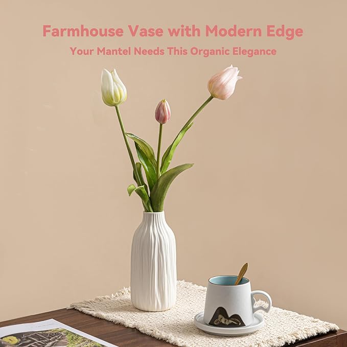 White Ceramic Vase for Home Decor – Minimalist Decorative Vase for Living Room & Office,7.2" Vase for Pampas Grass & Centerpieces, Modern Unique Flower Vase Gift for Friends or Yourself