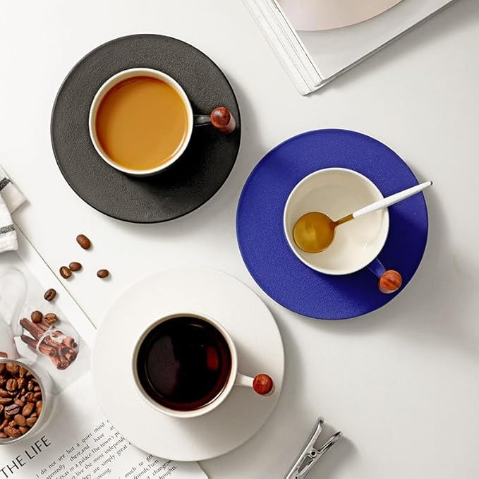 PRINCE G Japanese Style Ceramic Mug with Matching Saucer – Handmade Espresso, Coffee, Tea & Matcha Cup, Ideal Gift Set with Handgrip (BLUE)