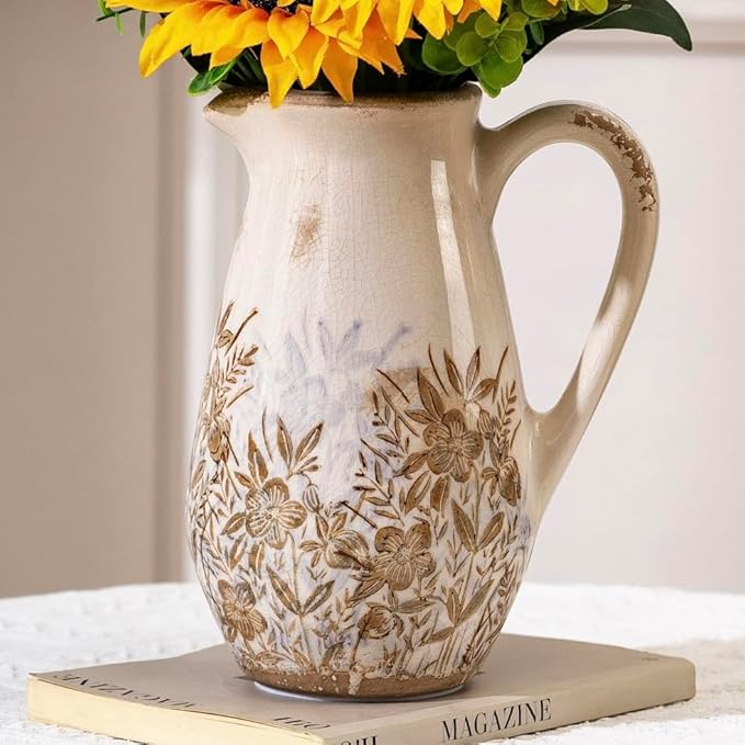 Purple and Borwn Floral Vintage Vase with Handle, French Country Floral Pitcher Vase, Rustic Ceramic Farmhouse Vases for Home Decor, Living Room, Bookshelf, Grand Millennial Tuscan Decor 8.7 in