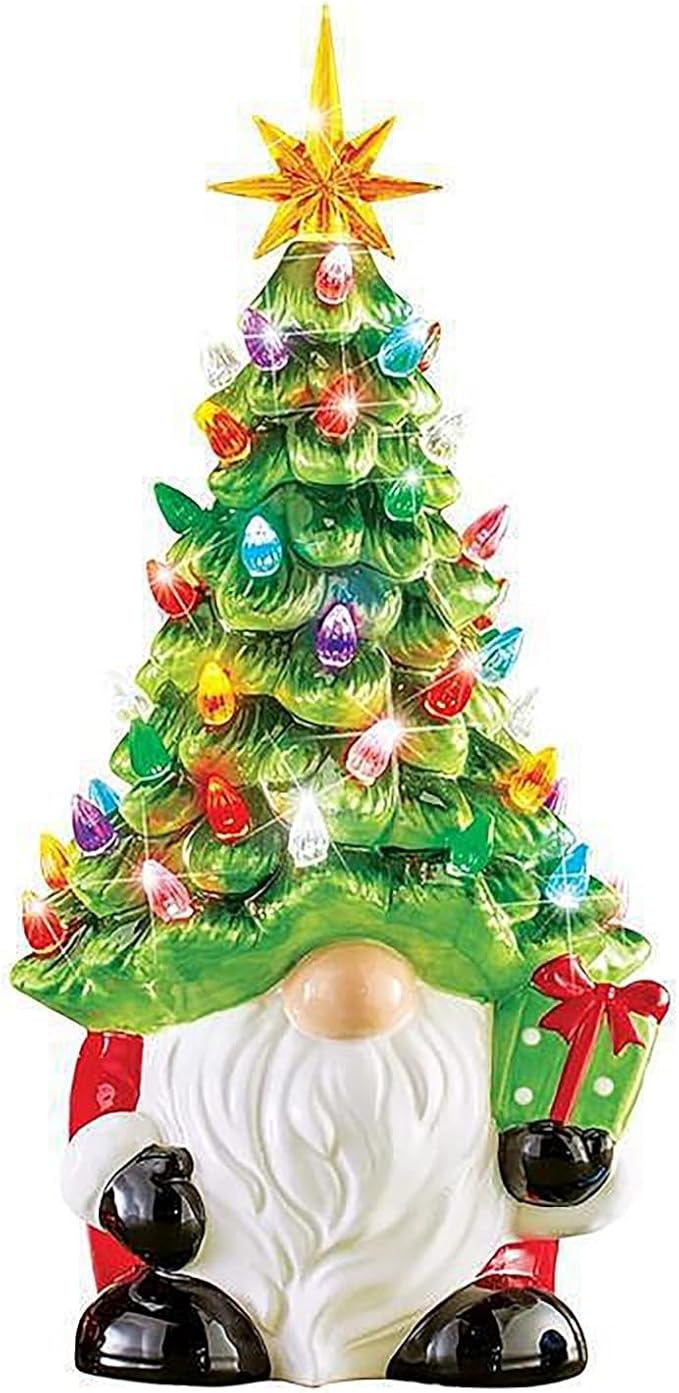 Lighted Ceramic Gnome Christmas Tree, 8 Inch Glowing Tabletop Decor for Home Holiday Christmas Decorations