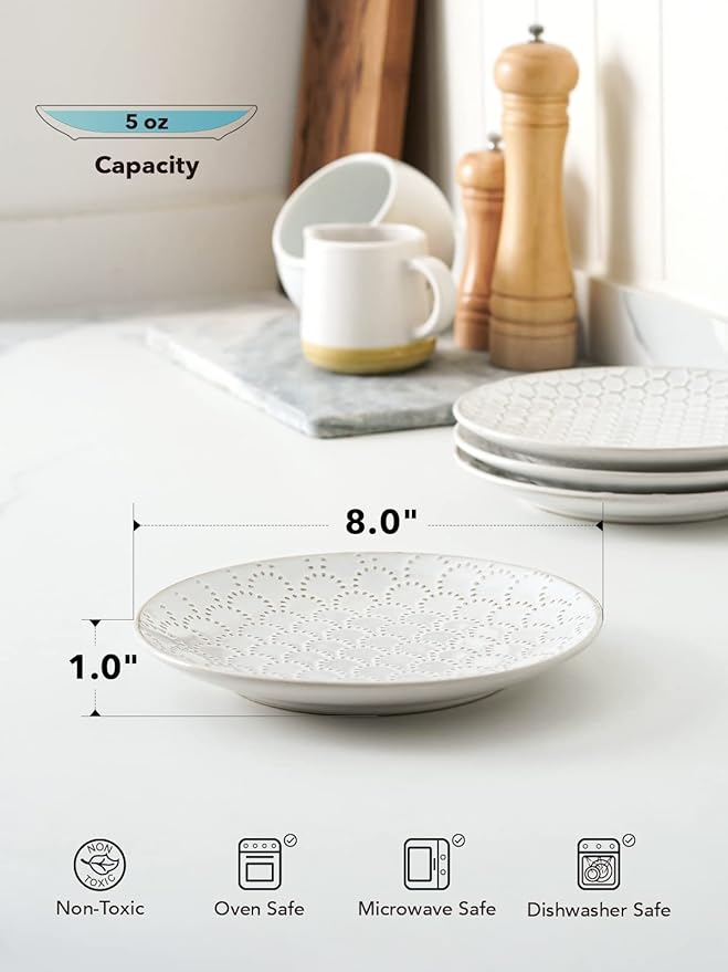 LE TAUCI Ceramic Salad Plates Set of 4, 8 Inch Embossed Dessert Plates for Appetizer and Small Dinner, Modern White Ceramic Plates for Kitchen, Microwave and Dishwasher Safe - Arctic White