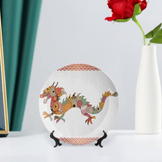 XISUNYA 10 Inch Decorative Plate, Dragon Ceramic Plate, Floral Ornamental Dragon Body Classic Japanese Wavy Print Ceramic Wall Hanging for Home Office Party Dinner Table Decor