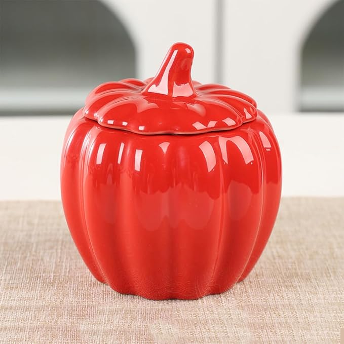 WAIT FLY Pumpkin Shape Airtight Ceramic Canister Tea Canister Tea Storage Food Storage Jar for Tea, Coffee, Spices, Sugar, Cookies, Pickle, Cereals-Red-7 OZ