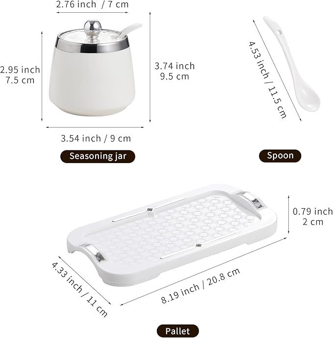 shuqiao Porcelain Condiment Jar Spice Container with Lid - Ceramic Spoon, Plastic Tray is the best clay pot for your home, kitchen, counter. White, 280 ml (9.4 oz), 2-piece set (3, Square)