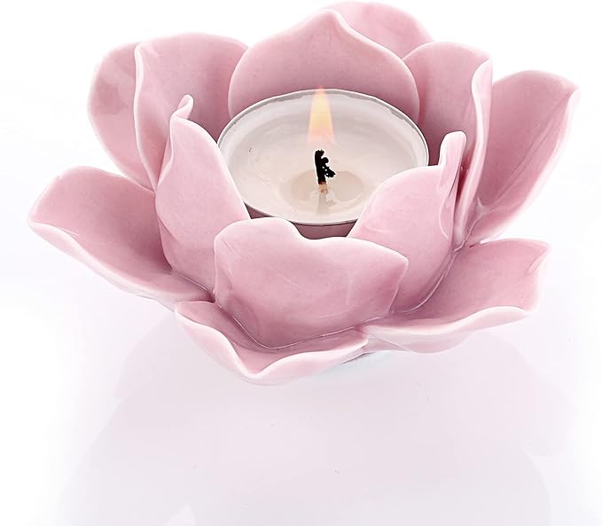 OwnMy 4.5 Inch Ceramic Lotus Flower Tea Light Holder Lotus Petals Candle Holder Candlestick, Votive Flower Tealight Candle Holder Candle Lamps Holder with Gift Box for Home Decor Wedding Party (Pink)