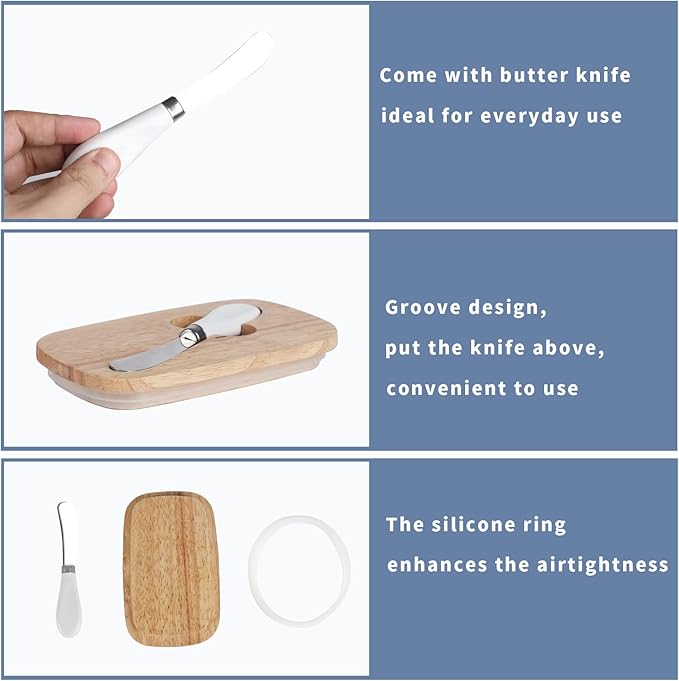GDCZ Large Ceramic Butter Dish for Countertop - Butter Keeper with Silicone Sealing, Natural Wooden Lid and Stainless Steel Knife, Kitchen Decor for Kitchen Gifts (White Larger Capacity)