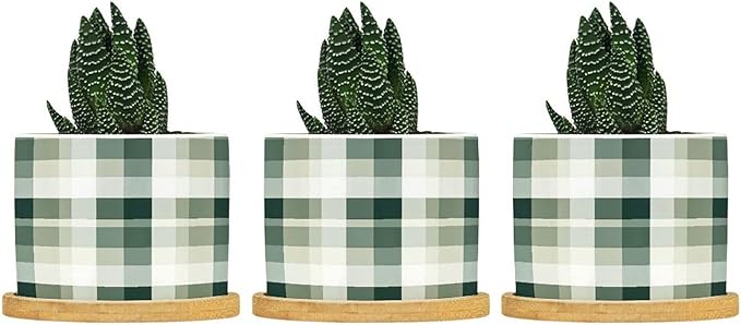 Sage Green Buffalo Plaid Ceramic Planter Green Buffalo Check Snake Plant Live Indoor with Pot with Drainage Holes and Saucers Pot for Indoor Outdoor Garden