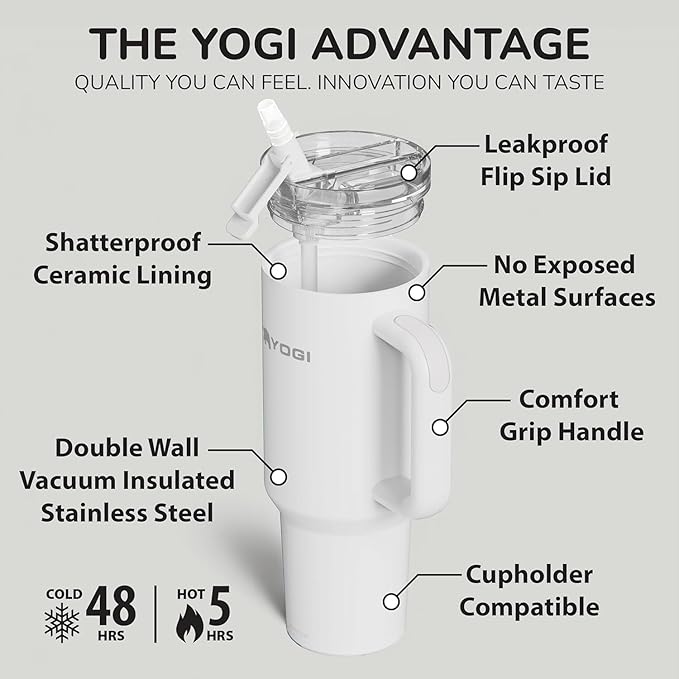 YOGI Ceramic Lined Metal Allergy Safe 40oz Tumbler with Handle and Straw Leakproof Flip & Sip Lid Vacuum Insulated Stainless Steel Travel Cup for Iced Coffee Water and All-Day Hydration 40oz Polar