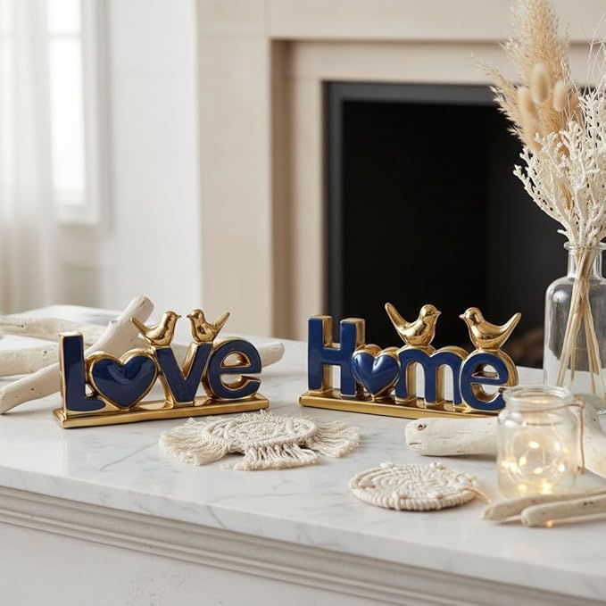 Ceramic Love & Home Sign Decor with Bird Statues Set 2,10" Modern Blue Gold Tabletop Sculptures for TV Stand,Floating Shelf & Entryway,Romantic Wedding & Warm Housewarming Gift Set (Blue)