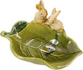 Cute Ceramic Soap Dish, Decorative Leaf Design with 3D Rabbit Figurines, Fast Draining Bathroom Soap Holder, Countertop Accessory for Kitchen, Office