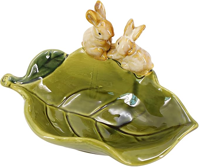 Cute Ceramic Soap Dish, Decorative Leaf Design with 3D Rabbit Figurines, Fast Draining Bathroom Soap Holder, Countertop Accessory for Kitchen, Office